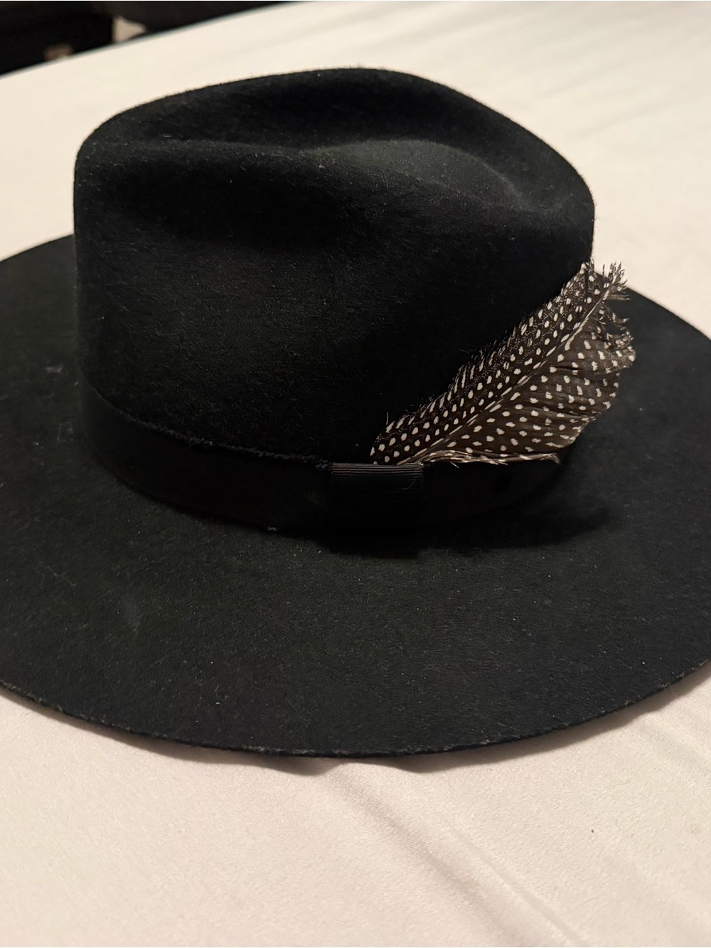 Black Felt Wide-Brim Fedora with Feather Trim